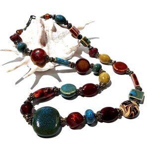 Ceramic Glass Cinnabar Vintage Bead Necklace Brass Artesian Bohemian